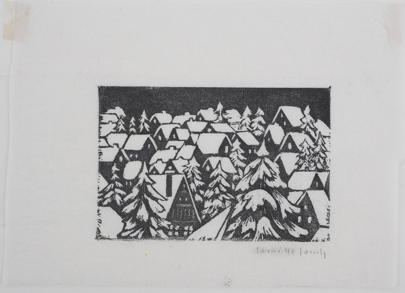 Camille COMBE : La ville aux sapins, Bois gravé original signé