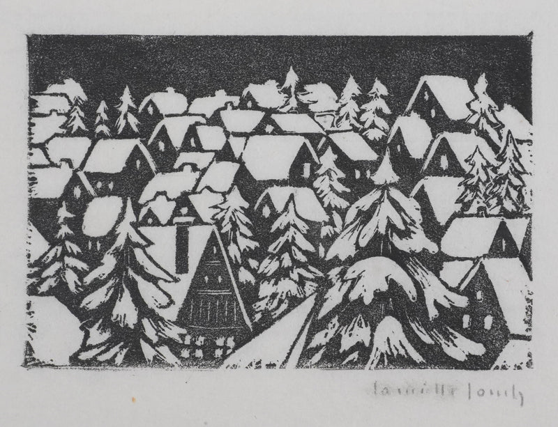 Camille COMBE : La ville aux sapins, Bois gravé original signé