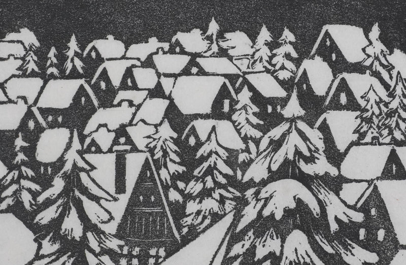 Camille COMBE : La ville aux sapins, Bois gravé original signé