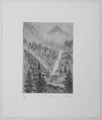 Camille COMBE : La cascade, Gravure originale signée