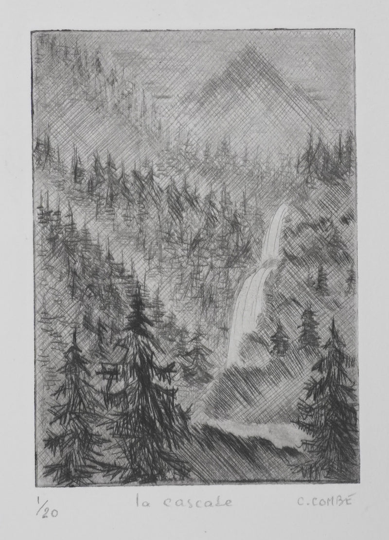 Camille COMBE : La cascade, Gravure originale signée