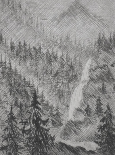 Camille COMBE : La cascade, Gravure originale signée