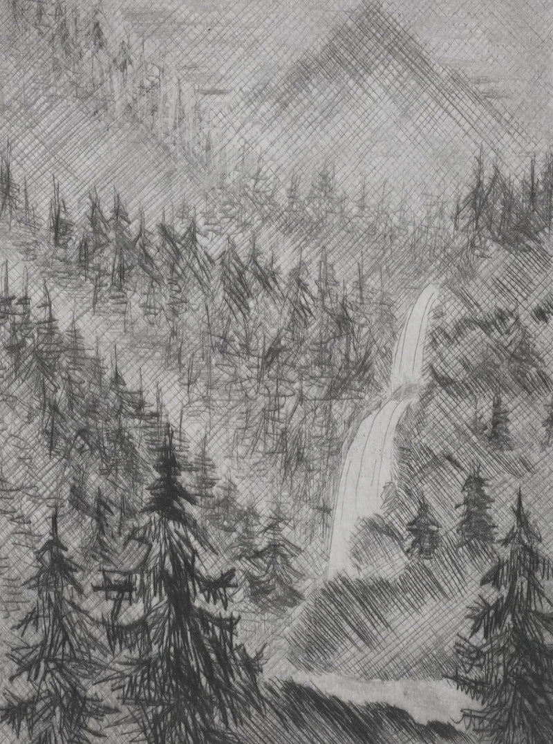 Camille COMBE : La cascade, Gravure originale signée