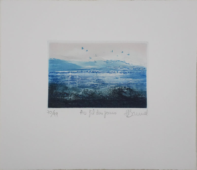 Hélène BAUMEL : Au fil des jours, Paysage en bleu, Gravure originale signée