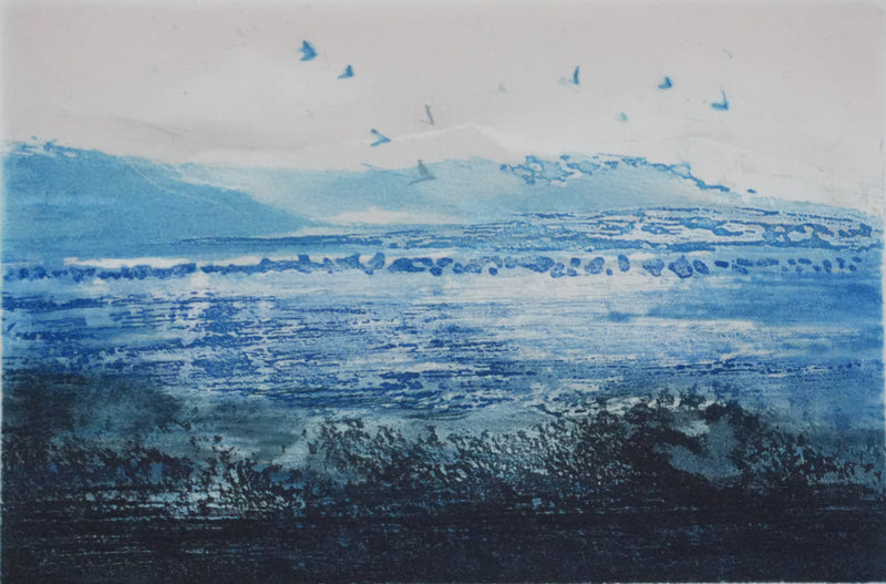 Hélène BAUMEL : Au fil des jours, Paysage en bleu, Gravure originale signée
