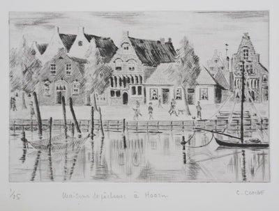 Camille COMBE : Maisons de pêcheurs à Hoorn, Gravure originale signée