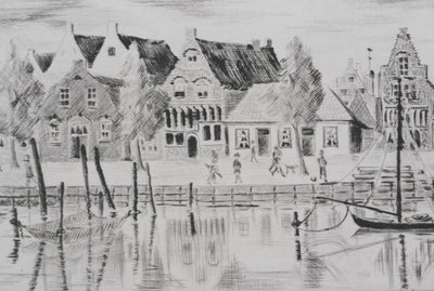 Camille COMBE : Maisons de pêcheurs à Hoorn, Gravure originale signée