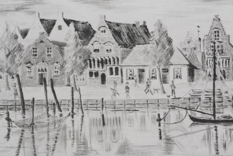Camille COMBE : Maisons de pêcheurs à Hoorn, Gravure originale signée