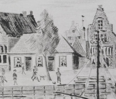 Camille COMBE : Maisons de pêcheurs à Hoorn, Gravure originale signée