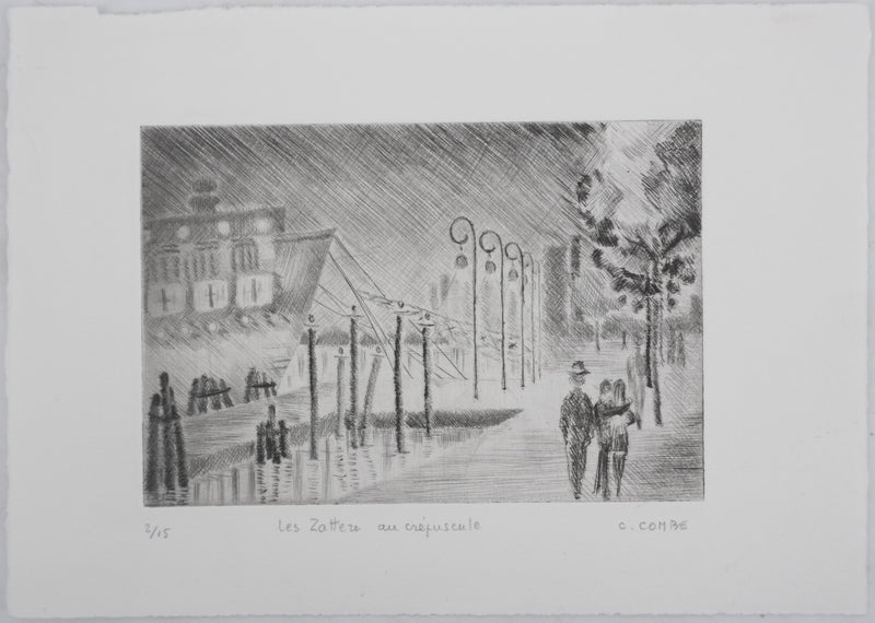 Camille COMBE : Les Zotterne au crépuscule, Gravure originale signée