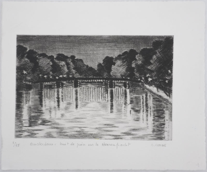 Camille COMBE : Amsterdam, nuit de juin sur le Herengracht, Gravure originale signée
