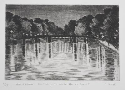 Camille COMBE : Amsterdam, nuit de juin sur le Herengracht, Gravure originale signée