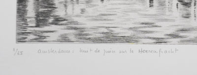 Camille COMBE : Amsterdam, nuit de juin sur le Herengracht, Gravure originale signée