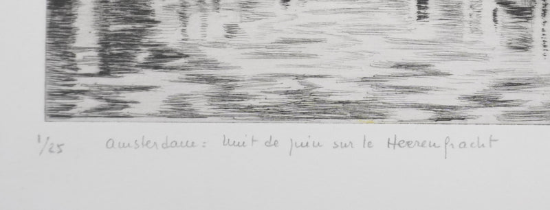 Camille COMBE : Amsterdam, nuit de juin sur le Herengracht, Gravure originale signée