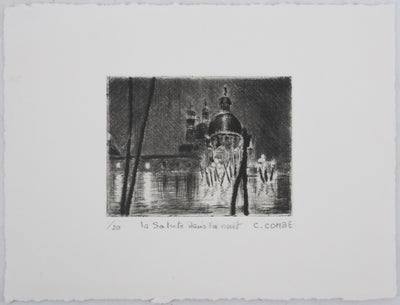 Camille COMBE : Venise, La Salute dans la nuit, Gravure originale signée