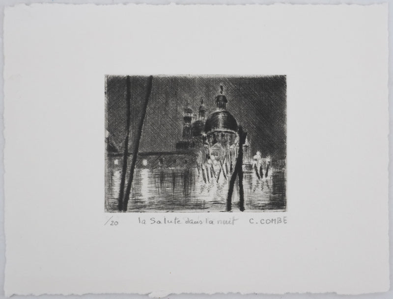 Camille COMBE : Venise, La Salute dans la nuit, Gravure originale signée