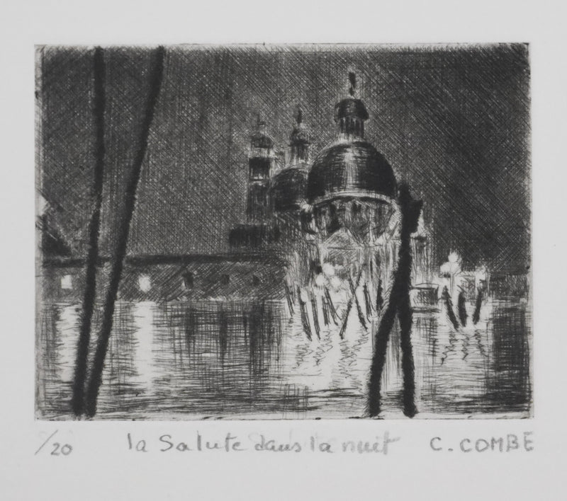 Camille COMBE : Venise, La Salute dans la nuit, Gravure originale signée