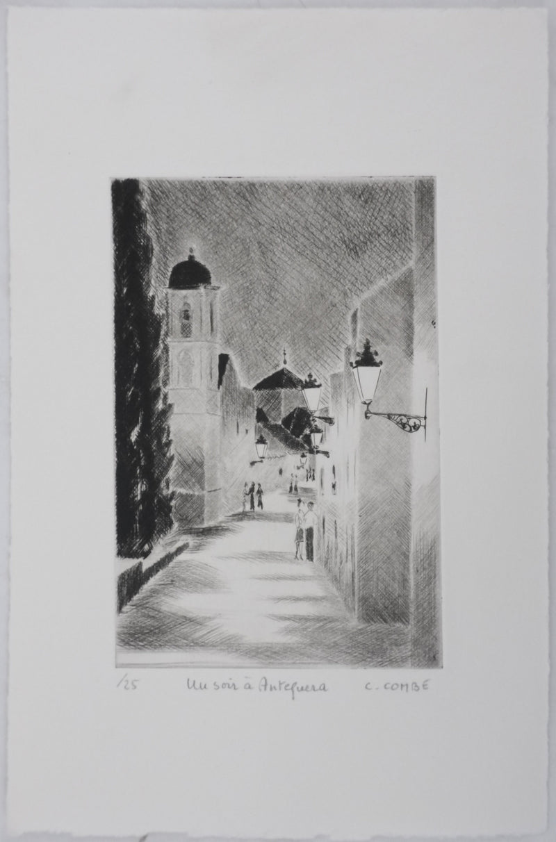 Camille COMBE : Un soir à Antequera, Gravure originale signée