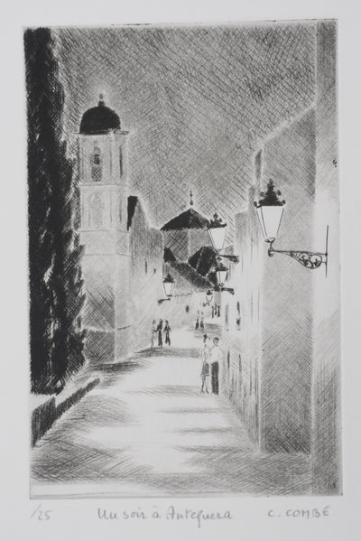 Camille COMBE : Un soir à Antequera, Gravure originale signée