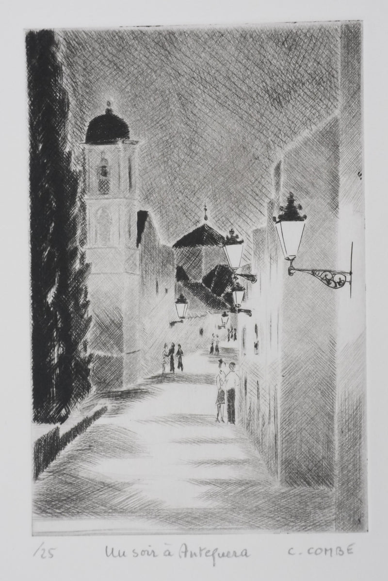 Camille COMBE : Un soir à Antequera, Gravure originale signée
