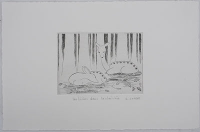 Camille COMBE : Les biches dans la clairière, Gravure originale signée