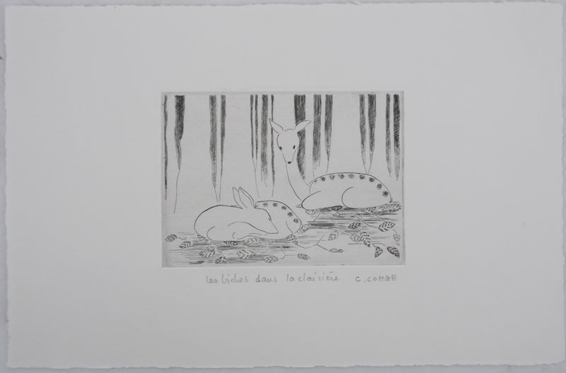 Camille COMBE : Les biches dans la clairière, Gravure originale signée