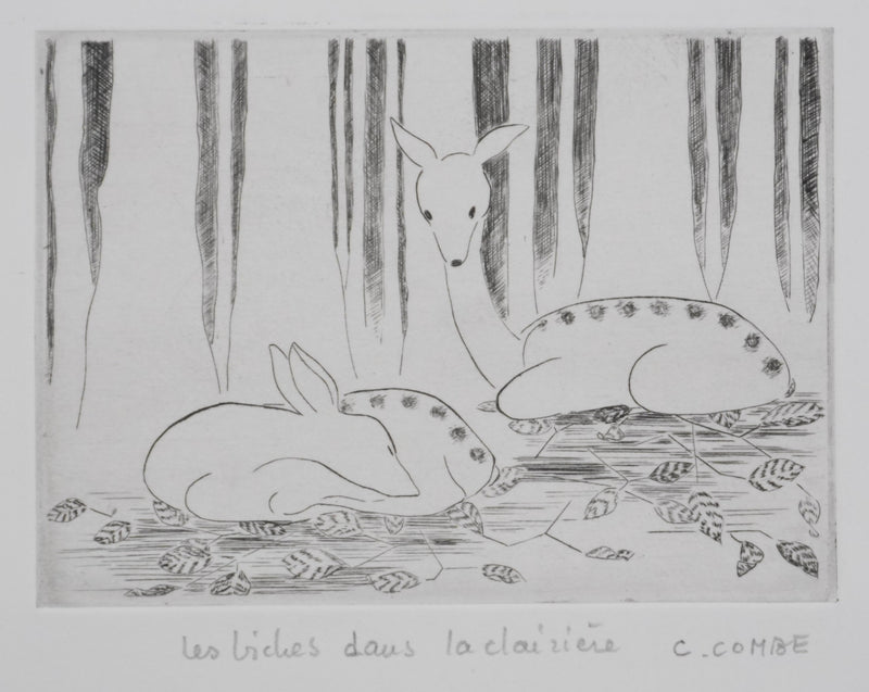 Camille COMBE : Les biches dans la clairière, Gravure originale signée