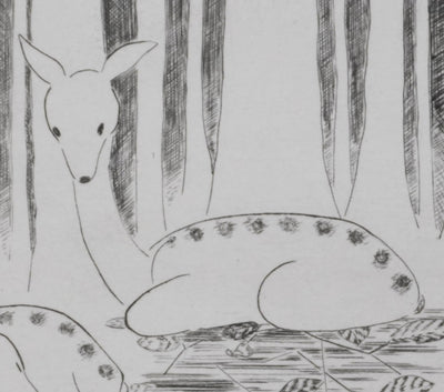 Camille COMBE : Les biches dans la clairière, Gravure originale signée