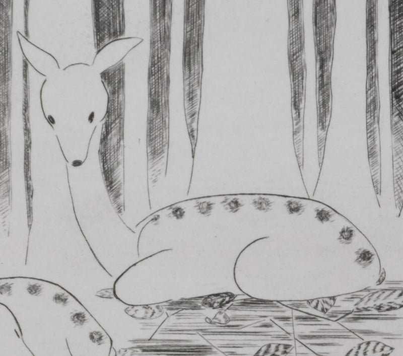 Camille COMBE : Les biches dans la clairière, Gravure originale signée