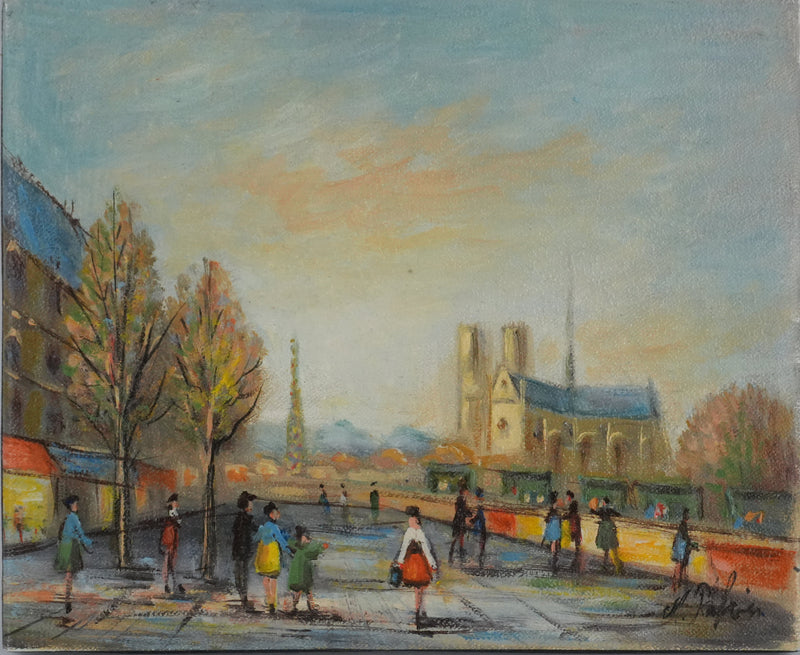 Michel PABOIS : Paris, Vue sur la Tour Eiffel et Notre Dame, Huile sur toile originale signée