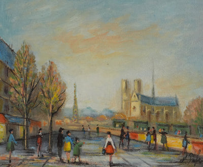 Michel PABOIS : Paris, Vue sur la Tour Eiffel et Notre Dame, Huile sur toile originale signée