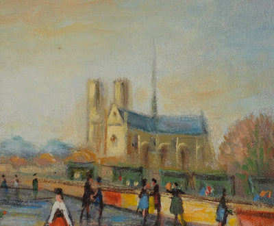 Michel PABOIS : Paris, Vue sur la Tour Eiffel et Notre Dame, Huile sur toile originale signée