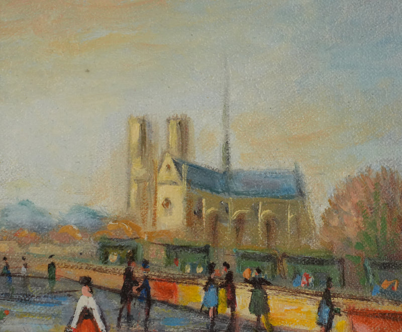 Michel PABOIS : Paris, Vue sur la Tour Eiffel et Notre Dame, Huile sur toile originale signée