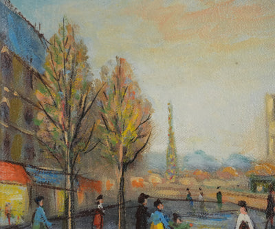 Michel PABOIS : Paris, Vue sur la Tour Eiffel et Notre Dame, Huile sur toile originale signée