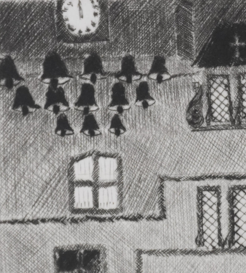 Camille COMBE : Carillon à minuit, Gravure originale signée