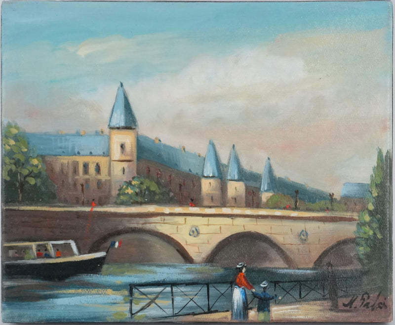 Michel PABOIS : Paris, Le passage du bateau devant la Conciergerie, Huile sur toile originale signée
