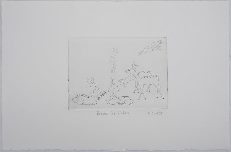 Camille COMBE : Parmi les biches, Gravure originale signée
