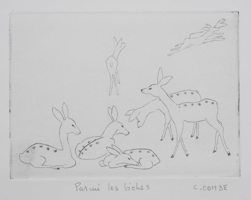 Camille COMBE : Parmi les biches, Gravure originale signée