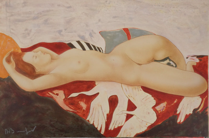 Alain BONNEFOIT : Nu au cygne, Lithographie originale signée