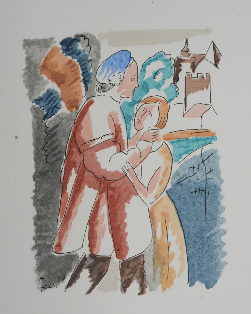 Adolphe FEDER : Couple amoureux, Lithographie originale signée