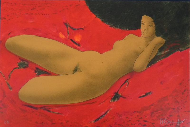 Alain BONNEFOIT : Nu au drap rouge, Lithographie originale signée