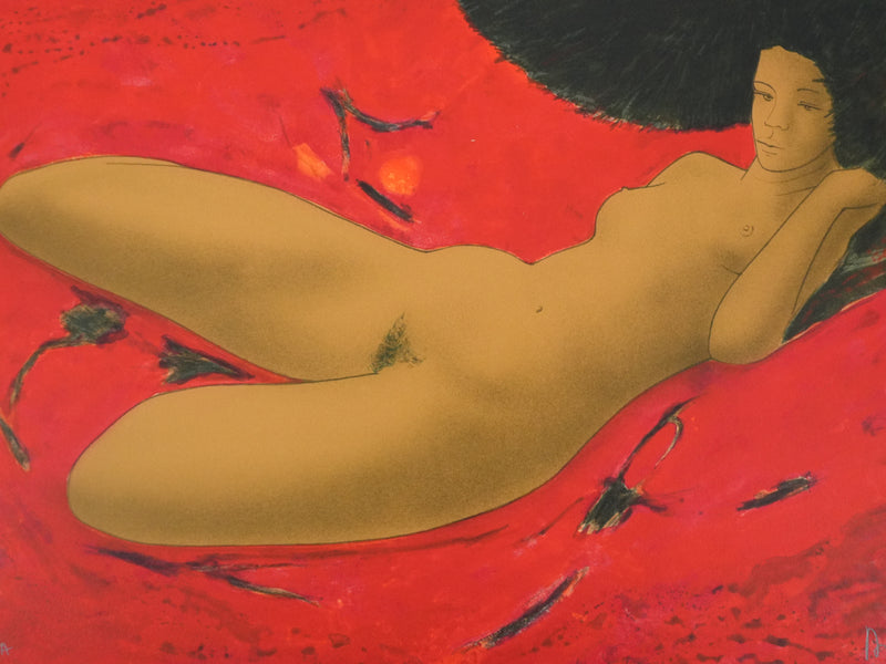 Alain BONNEFOIT : Nu au drap rouge, Lithographie originale signée