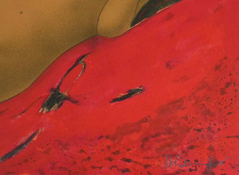 Alain BONNEFOIT : Nu au drap rouge, Lithographie originale signée