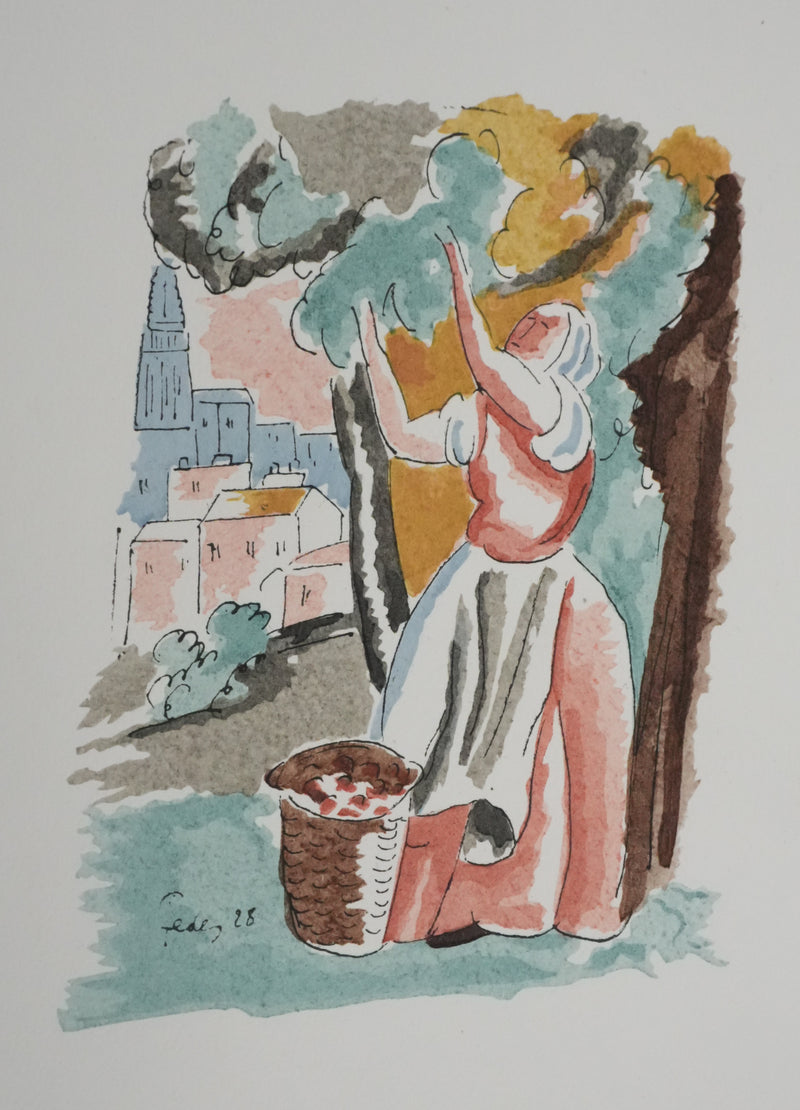 Adolphe FEDER : La cueillette, Lithographie originale signée