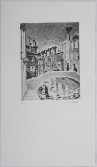 Camille COMBE : Le pont de Venise, Gravure originale signée