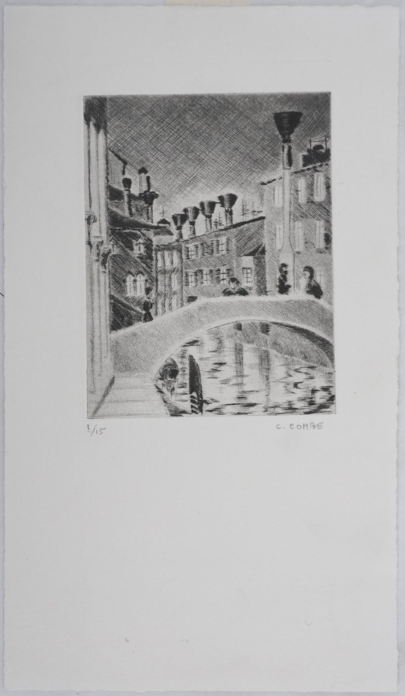 Camille COMBE : Le pont de Venise, Gravure originale signée