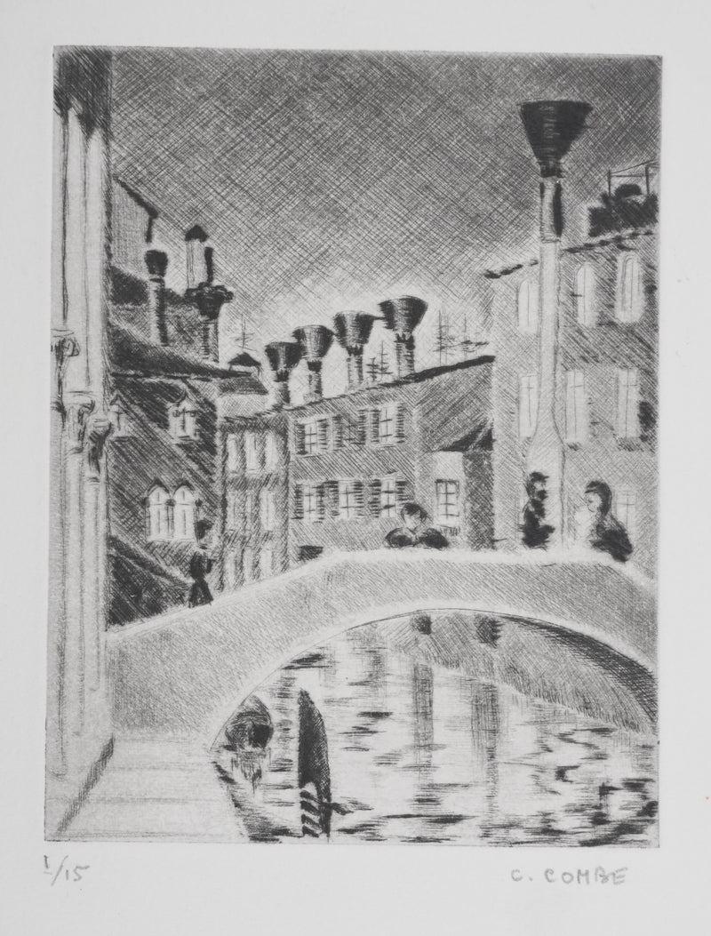 Camille COMBE : Le pont de Venise, Gravure originale signée