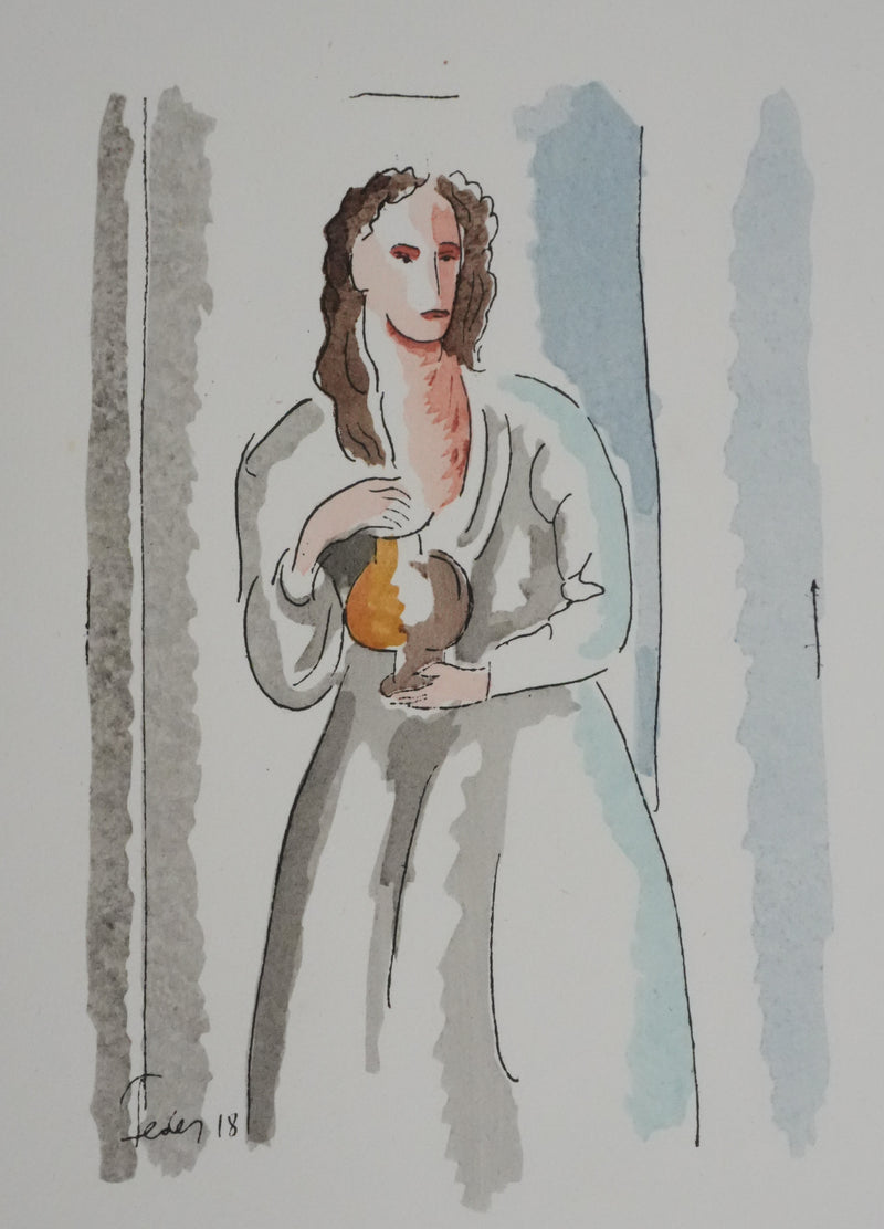 Adolphe FEDER : Femme en robe blanche, Lithographie originale signée