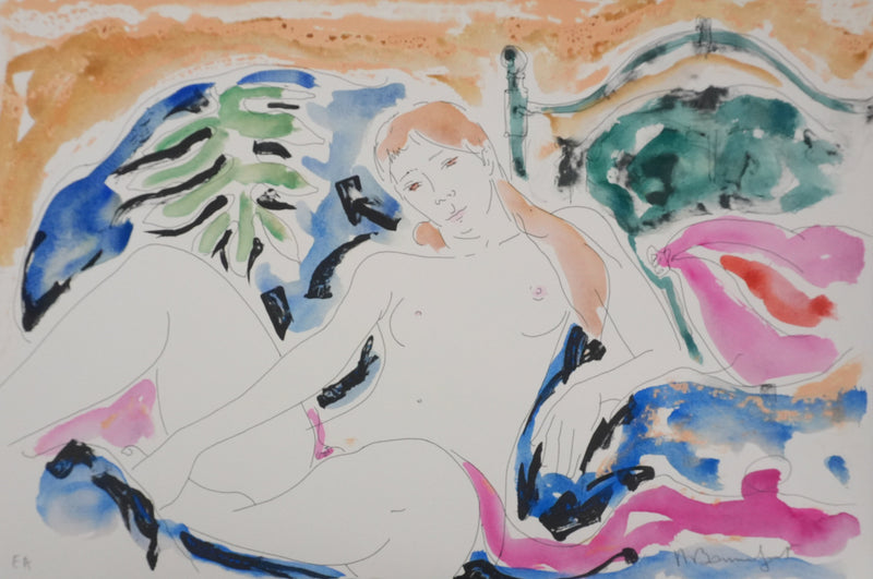 Alain BONNEFOIT : Nu féminin au drapé rose, Lithographie originale signée