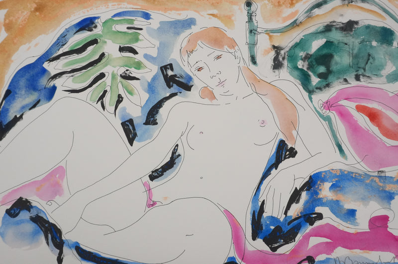 Alain BONNEFOIT : Nu féminin au drapé rose, Lithographie originale signée